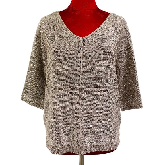 WD NY Sparkle Sweater Size L Casual Slouchy Sequins Chic Lux Elegant Blush Beige - Picture 1 of 10